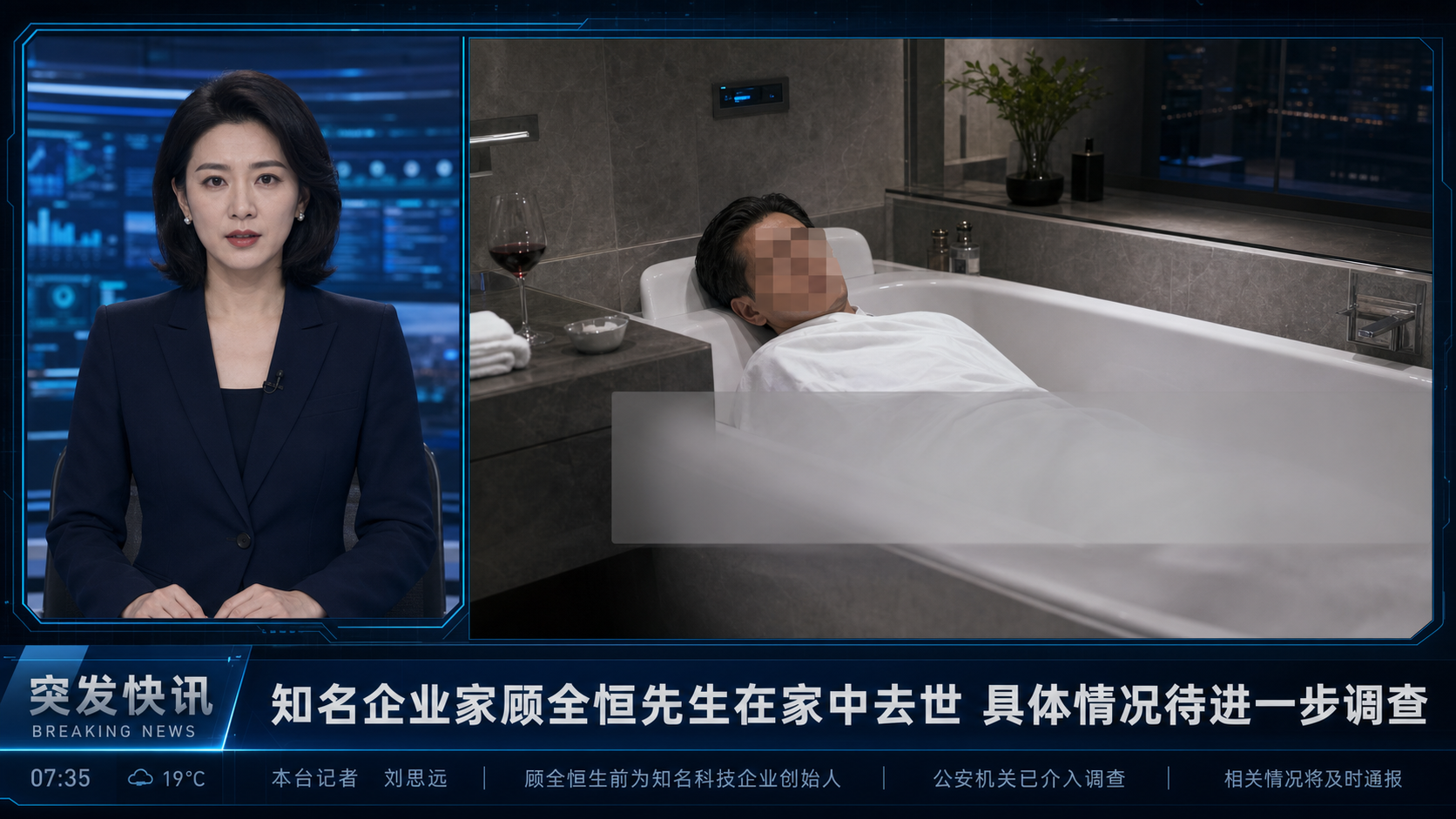 新闻播报员与顾权衡家中浴室现场，死者面部与身体已做隐私遮蔽